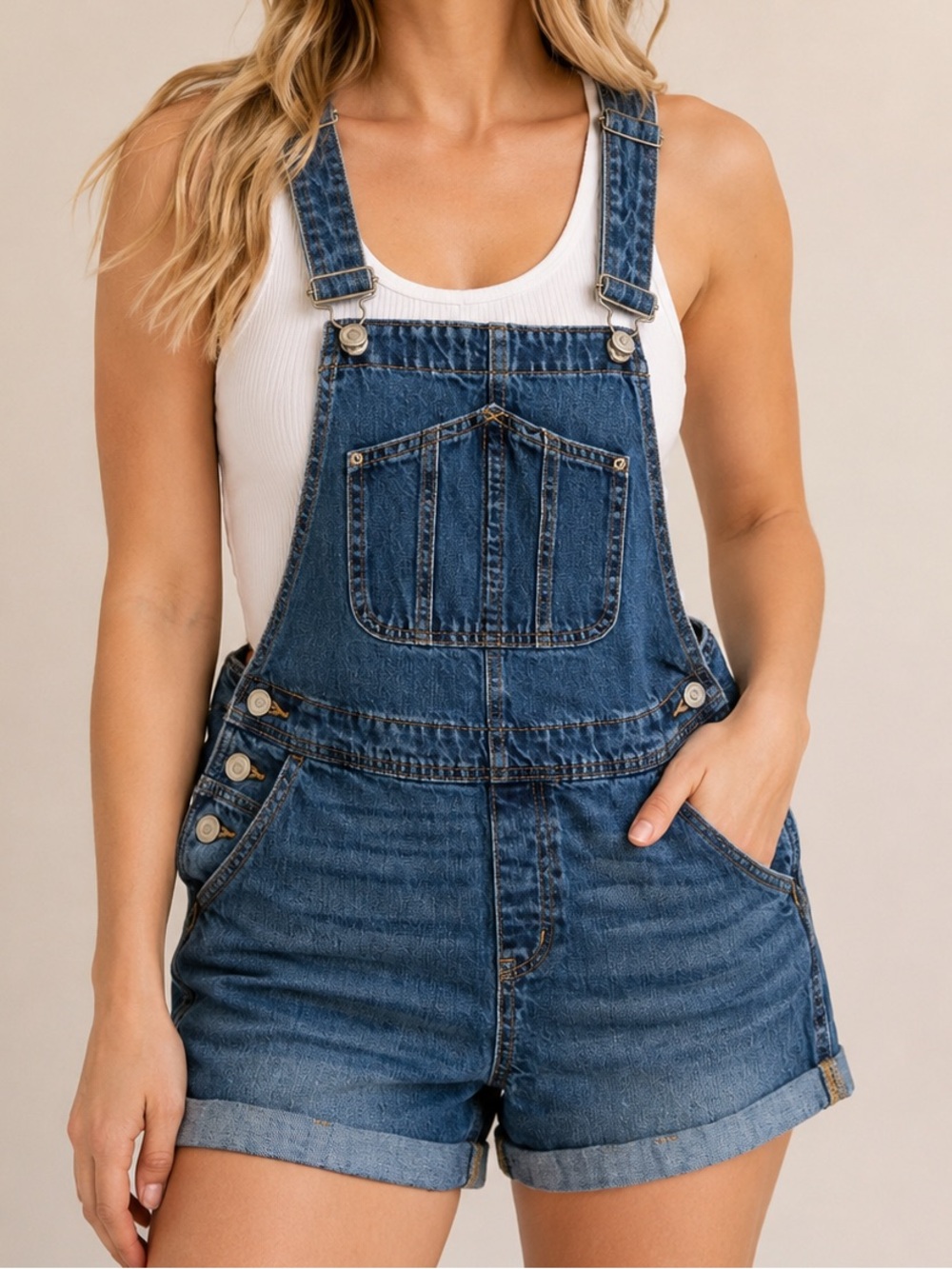 Old Navy Denim Overall Shorts Medium Blue Wash Cuffed Bib Shortalls M